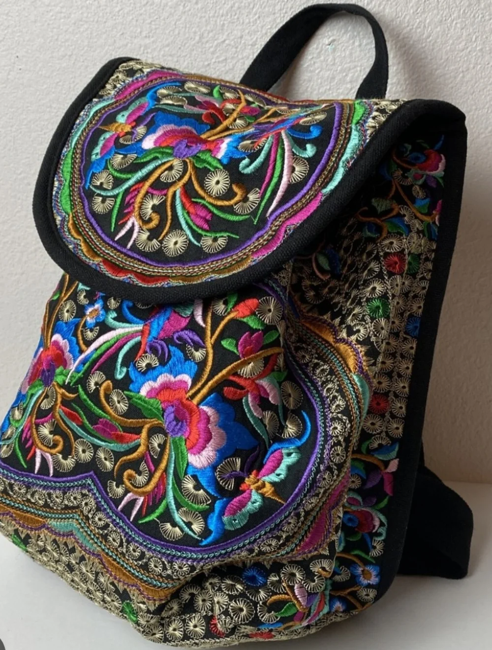 Boho Embroidered Floral Backpack Black Colorful Ethnic Festival Travel Bag Hippi